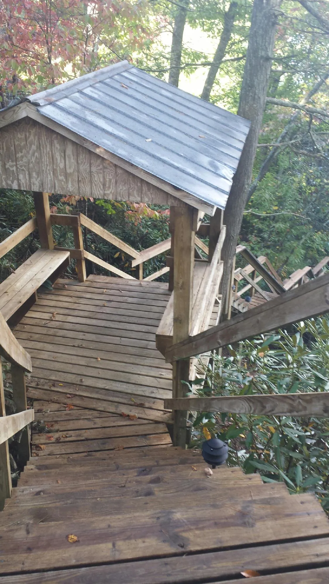 Metal roofed shelter over wooden steps on a wooded walkway — Skylight Repair & Installation work by our crew in Okeana